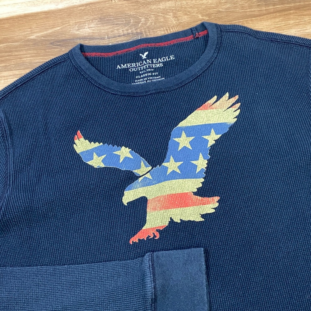 American Eagle Thermal Shirt Mens L Patriotic Flag Cotton Classic Fit Navy Blue